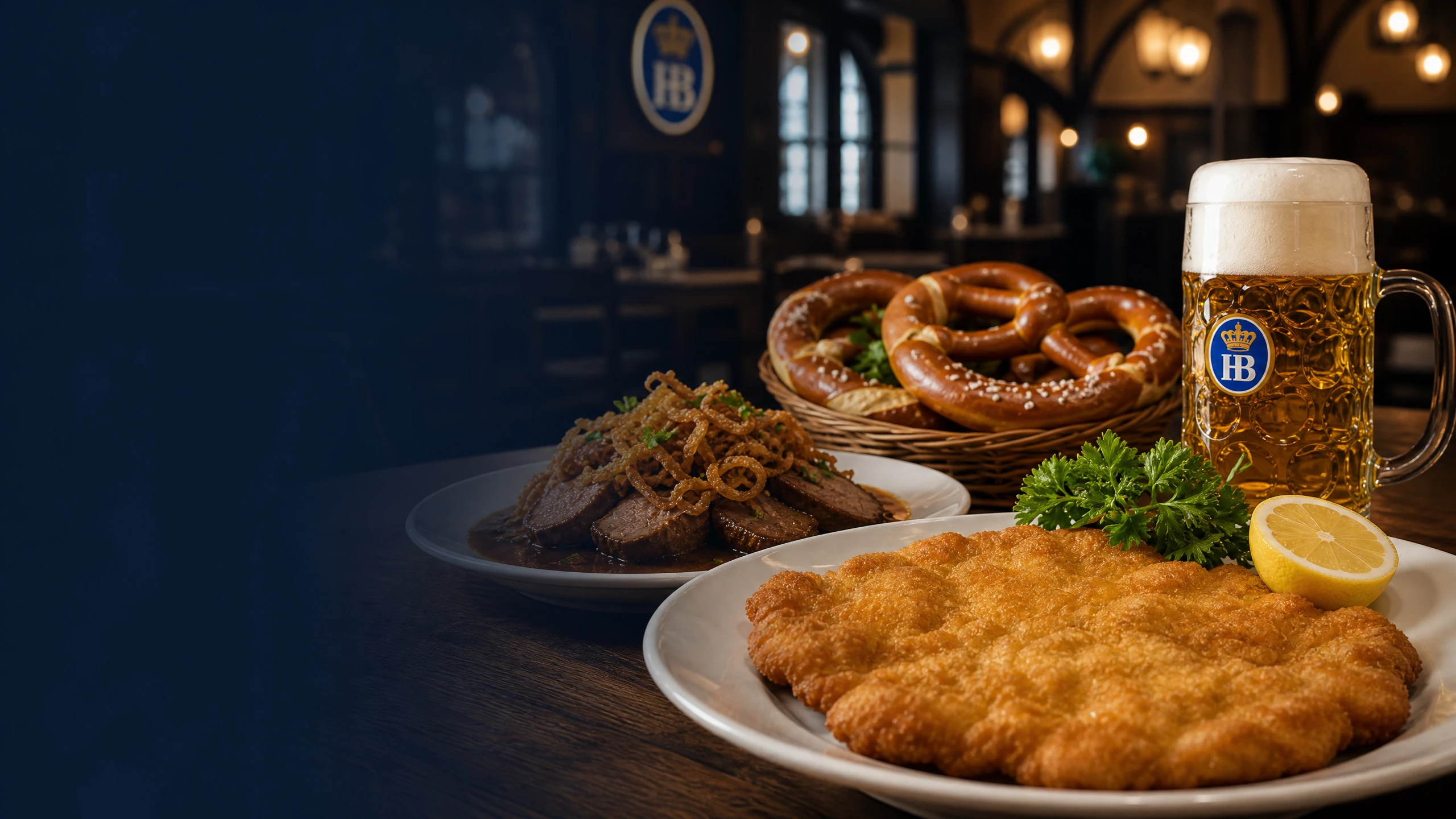 Hofbräu-Festtafel mit Bier, Brezn, Schnitzel und Rostbraten im Hotel am Stadtring – KI-generierte Komposition